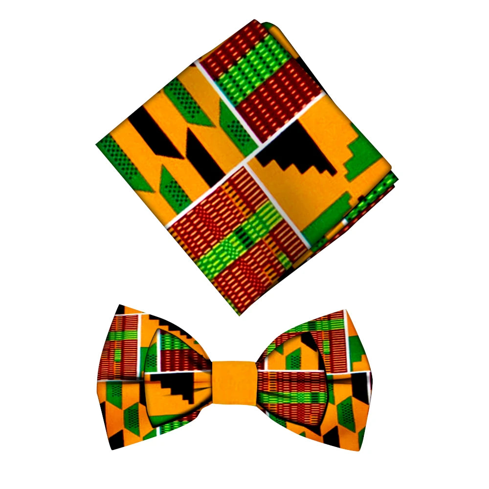 African Print Bow Tie & Kerchief Set - Bohemian Cotton Accessories for Men, Stylish Gift SP077