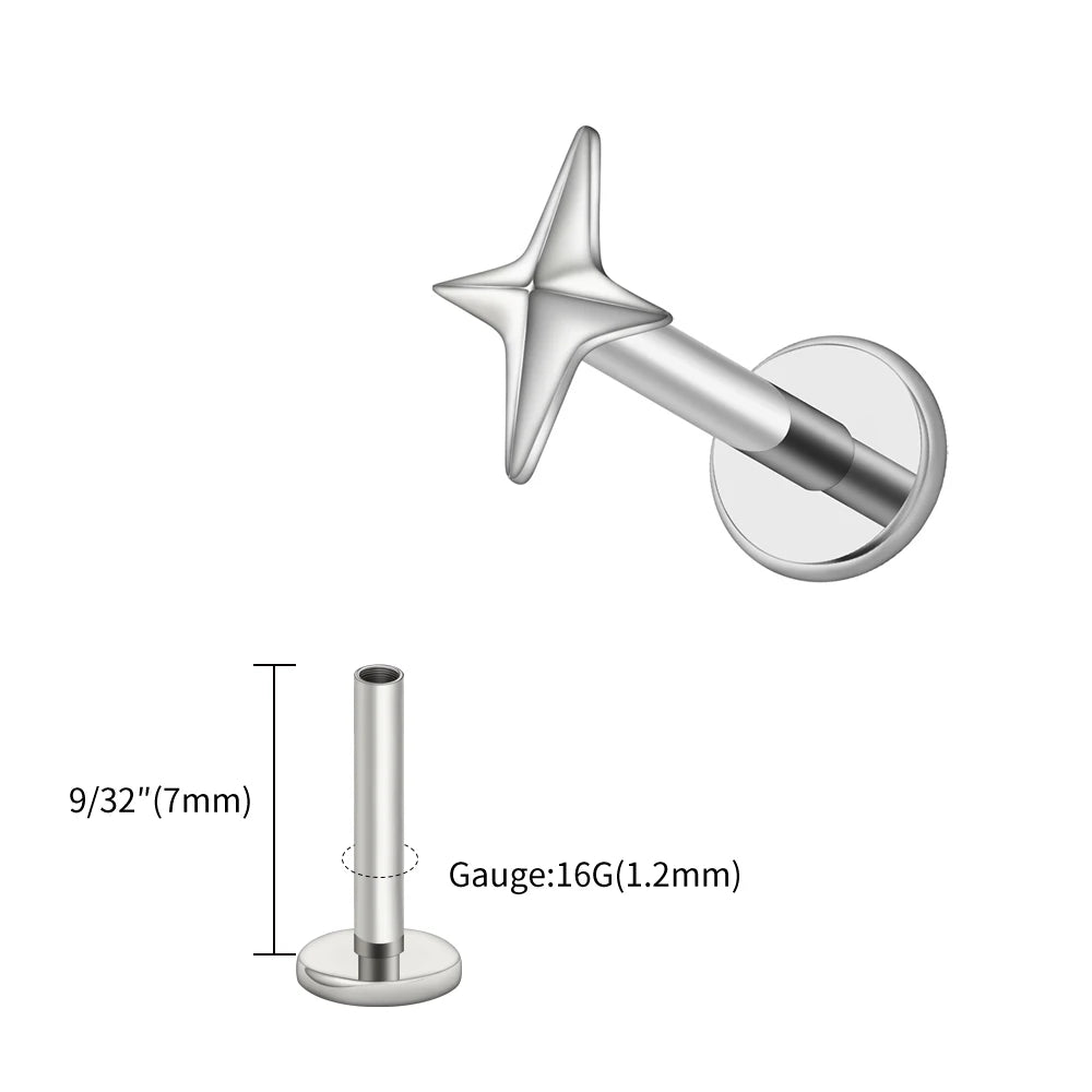 Right Grand ASTM F136 Titanium 16G Four-Pointed Star Cartilage Stud Earring – Helix, Tragus, Flatback Labret & Nose Piercing Jewelry