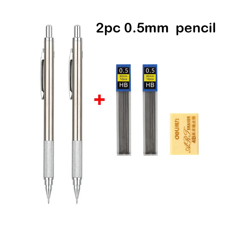 Full Metal Mechanical Pencil Set - 0.3–2.0mm Automatic Drawing Pencils with Leads for Art, School, and Office Use