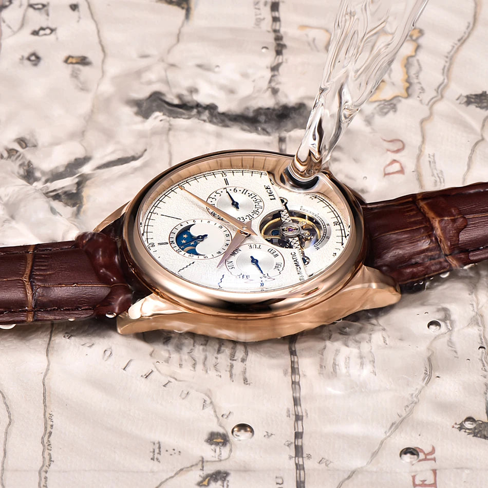 LIGE Men's Automatic Mechanical Tourbillon Watch - Waterproof Genuine Leather Military Wristwatch