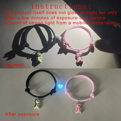 Couple Dinosaur Bracelets – 2-Piece Set, Luminous Peach Heart Pendants, Green and Pink Hand-Woven Bracelets