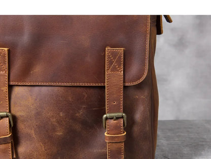 Vintage Crazy Horse Leather Backpack for Men — 17" Laptop Travel Rucksack Cowhide Hiking Bag M815