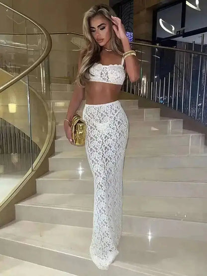Avrilyaan Women’s 2-Piece Lace Set – Strapless Crop Top & Midi Skirt, Sexy Party Outfit Summer 2024 Fashion Elegant Clubwear Set