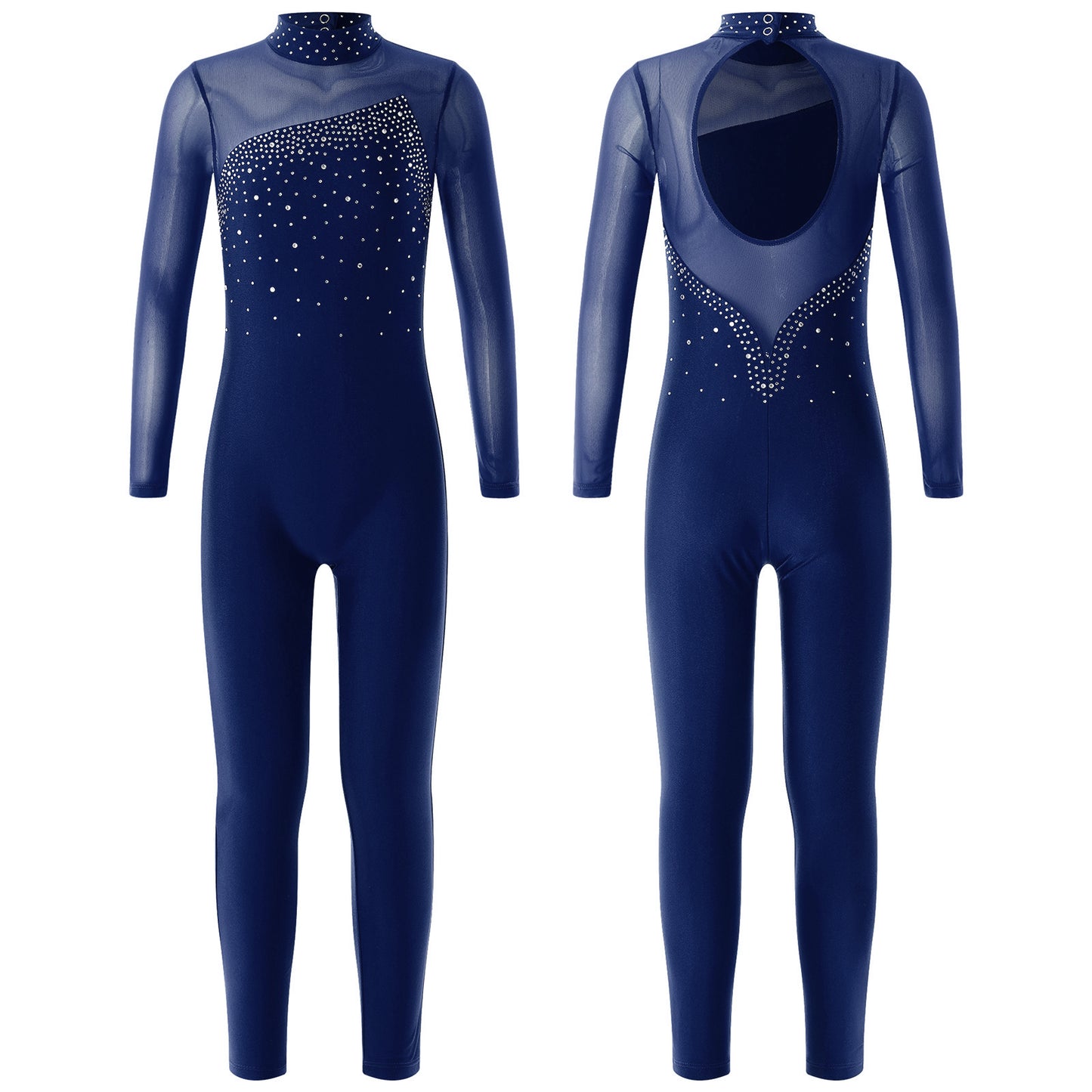 Kids Girls Long Sleeve Rhinestone Bodysuit — Full Body Dancewear Gymnastics Leotard Skating Jumpsuit
