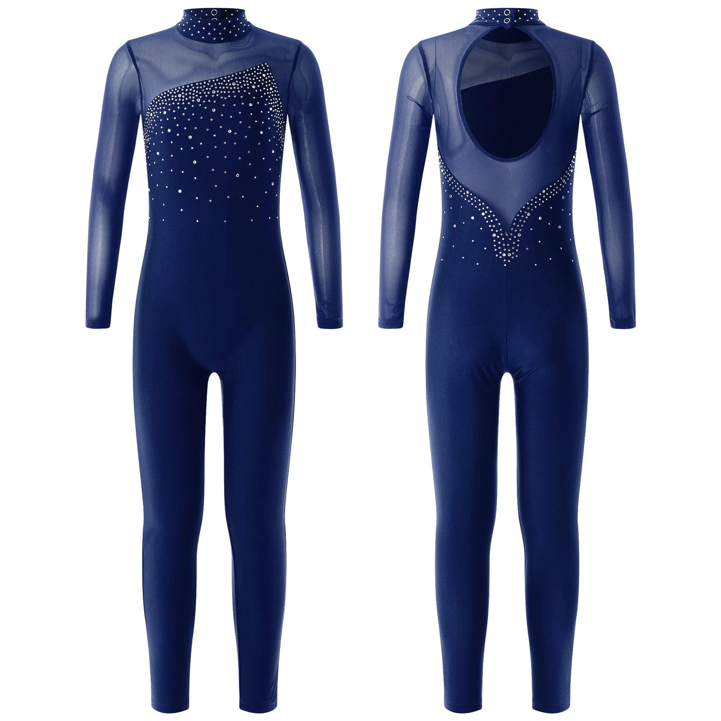 Kids Girls Long Sleeve Rhinestone Bodysuit — Full Body Dancewear Gymnastics Leotard Skating Jumpsuit