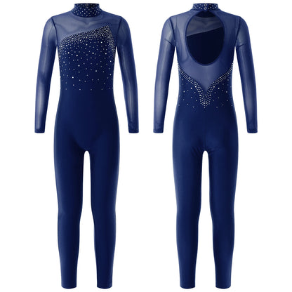 Kids Girls Long Sleeve Rhinestone Bodysuit — Full Body Dancewear Gymnastics Leotard Skating Jumpsuit