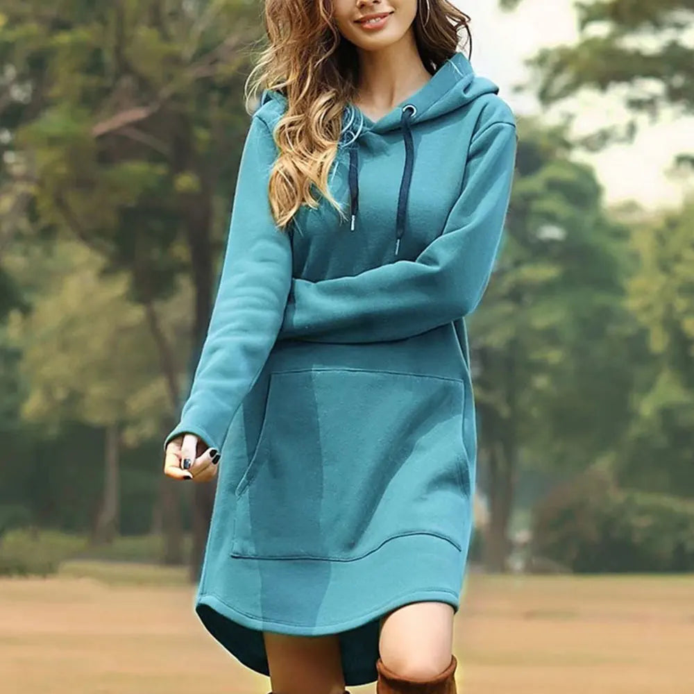 Jocoo Jolee Casual Loose Women’s Hoodie - Solid Long Style Sweatshirt with Pockets, Oversized Kpop Pullover Dress