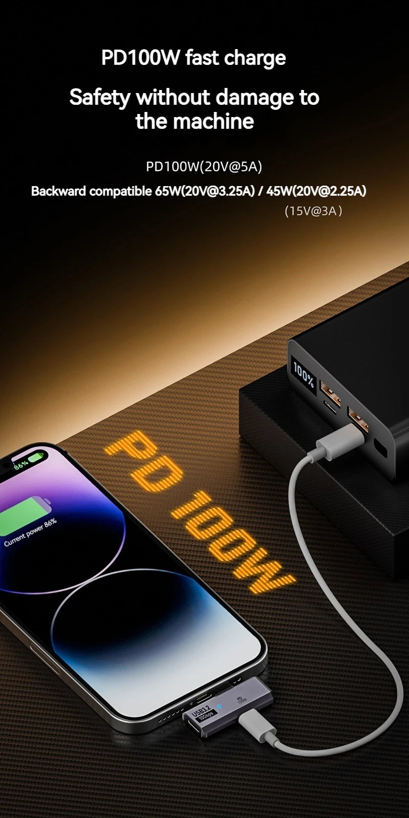 100W USB-C OTG Adapter – Type-C Converter for Fast Charging & 10Gbps Data Transfer, Compatible with Phone, Tablet, MacBook & Earphones