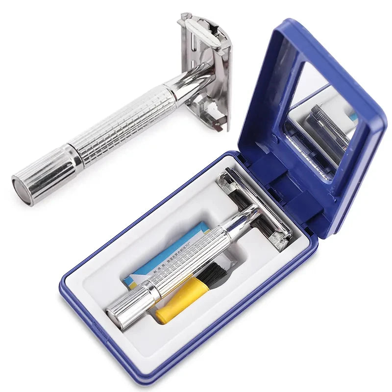 Men's Shaving Razor with Blade – Silver Folding Straight Razor, Stainless Steel Facial Hair Shaving Knife and Holder. Barber Tools