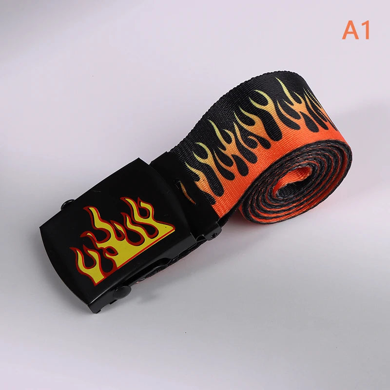 Hip Hop Fashion Canvas Belt – Personalized Flame Design, Casual & Punk Cowboy Belt for Men & Women