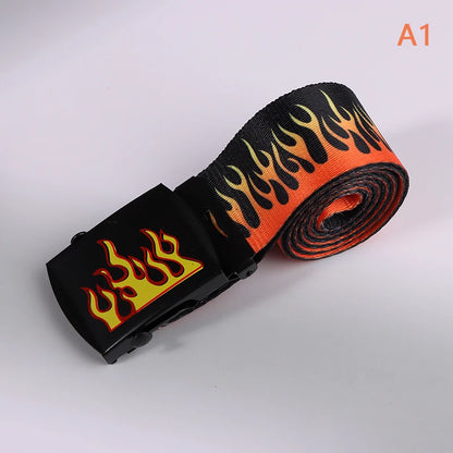 Hip Hop Fashion Canvas Belt – Personalized Flame Design, Casual & Punk Cowboy Belt for Men & Women