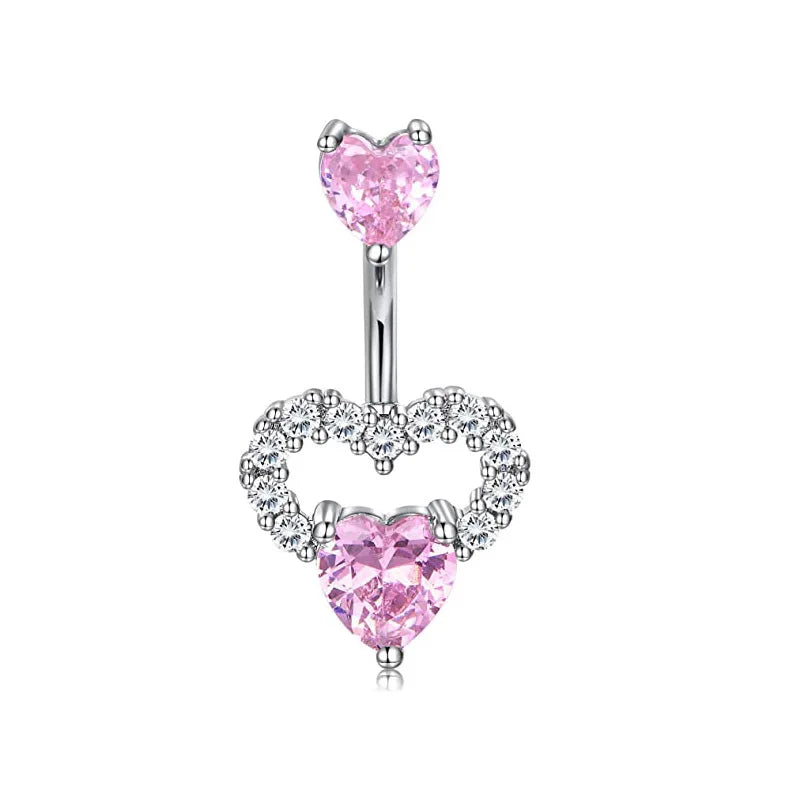 Pink Crown Belly Button Ring – Stainless Steel Heart Navel Piercing Barbell with Crystal for Women & Girls