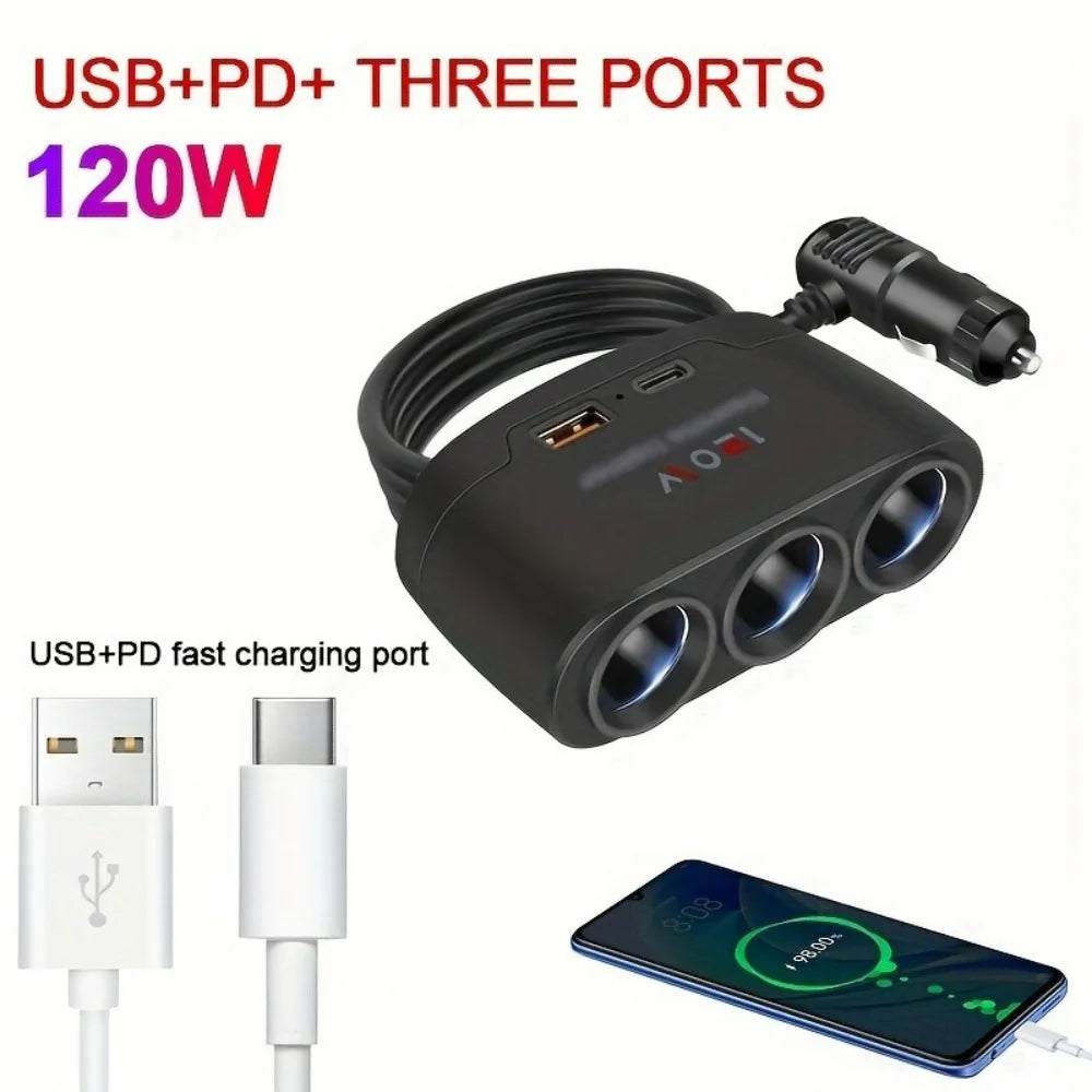 120W 3-in-1 Fast Charge Car Charger - Cigarette Lighter Power Adapter for Mobile Phones, DVR & GPS Devices