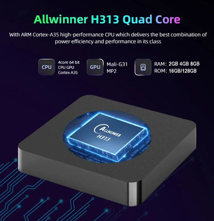 Q10 Android 14 8K Smart TV Box – Allwinner H313, 128GB, Dual WiFi, BT5.0, HDR10+ Media Player with Google Voice Assistant