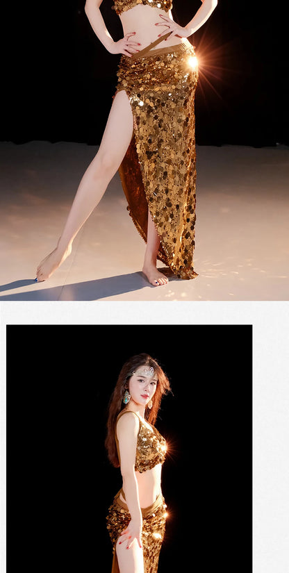 2-Piece Belly Dance Costume Set for Women – Sexy Sequin Top & Skirt Outfit for Stage Performance & Training