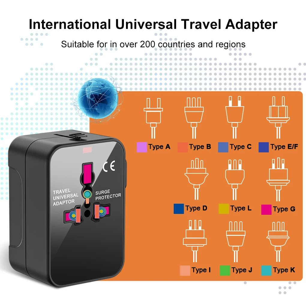 International Travel Adapter with USB-A QC18W & Type-C PD20W Fast Charger – Universal Wall Charger for UK, EU, AU, US Plugs