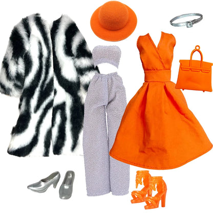 Elegant 1/6 Doll Outfit – Pink Houndstooth Dress, Hat, Gold Belt, Handbag & Shoes Set