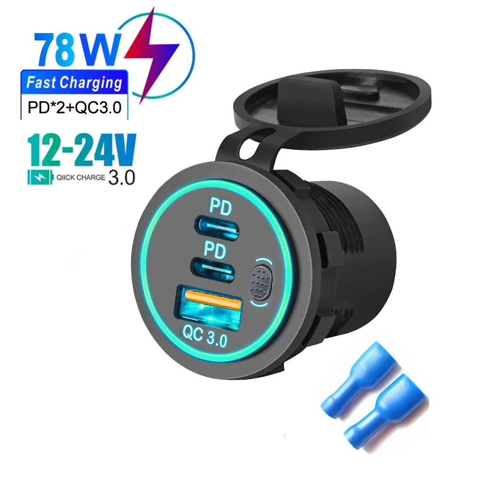 QC3.0 + PD 78W Car Charger Socket Triple USB Type-C Fast Charging Power Adapter with Switch Waterproof 12V/24V Universal Car Charger