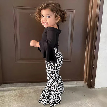 2PCS Baby Girl Clothes Set - Black Pullover Top & Leopard Print Bell-Bottoms, Autumn Outfit for 2-8 Years Old