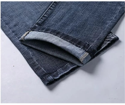 Men's Classic Stretch Jeans - Business Casual Straight Leg Denim Work Trousers in Blue & Black