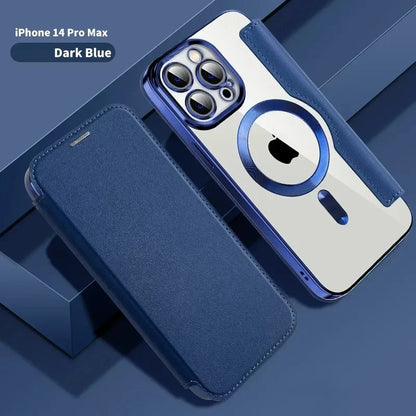 Electroplated Flip Leather Case for iPhone 16, 15, 14, 13, 12 & 11 Plus Pro Max – Luxury MagSafe Wireless Charging Protective Cover