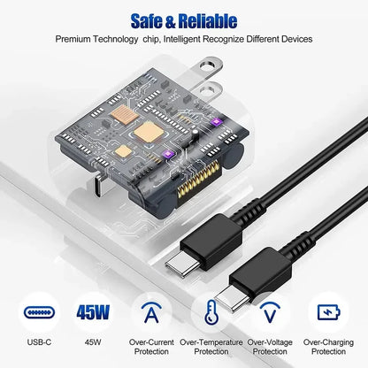 PD 45W USB-C Fast Charger — High-Speed Wall Adapter for Samsung Galaxy S24/S23 Ultra, Note, iPhone 15, Xiaomi 14