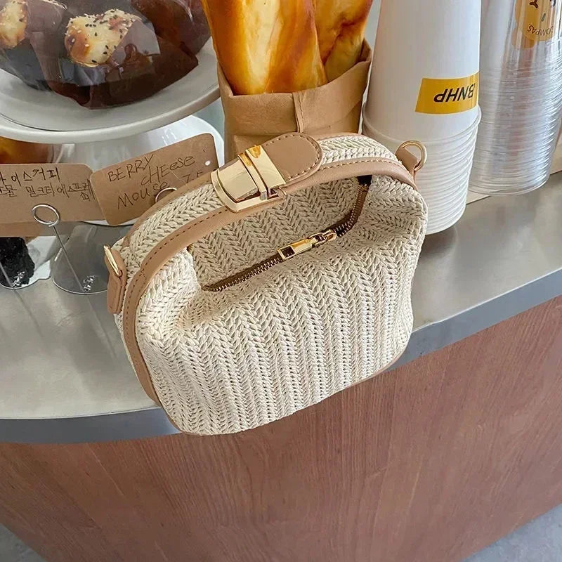 Summer Small Straw Handbag — Trendy Woven Bucket Crossbody Shoulder Bag, Casual Beach Tote for Girls