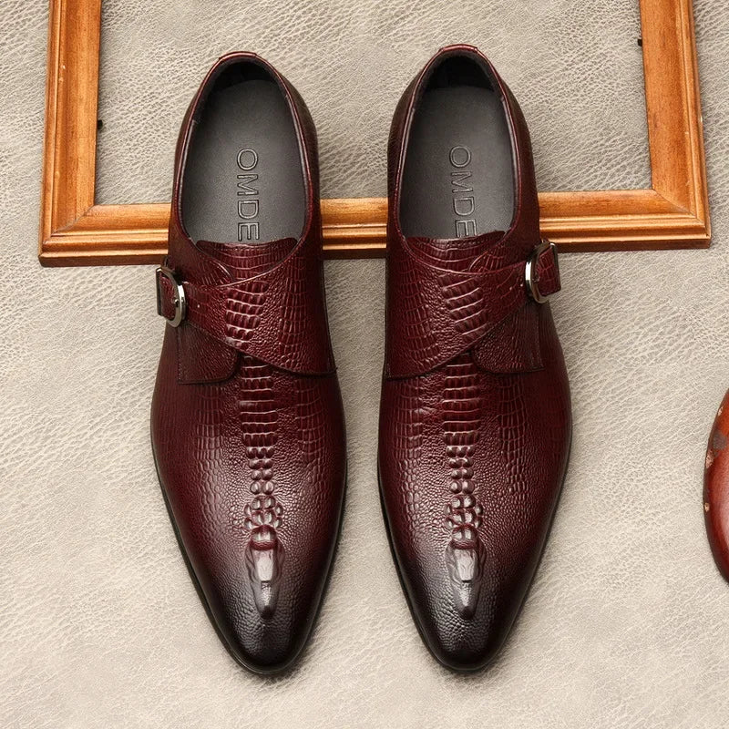 Men’s Genuine Leather Oxford Shoes - Handmade Crocodile Pattern Formal Wedding Business Dress Shoes in Black or Blue