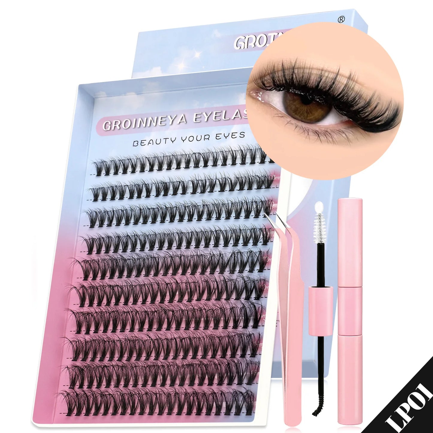 GROINNEYA Cat Lash Clusters Kit – 640pcs with Lash Bond & Seal, DIY Eyelash Extensions for Home Use
