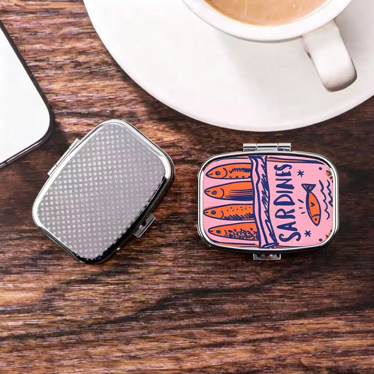 Cute Sardines Metal Pill Case - Portable 2-Compartment Mini Medicine Organizer for Pocket & Purse