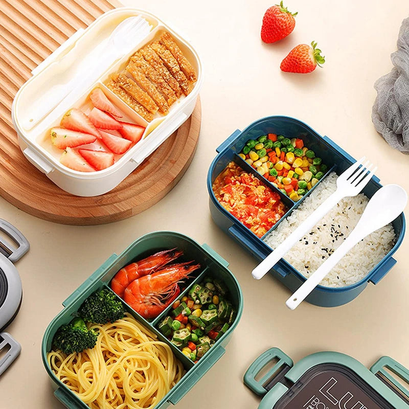 1200ML 2-Layer Bento Lunch Box with Spoon and Fork - High Capacity, Leakproof Microwave Food Container for Kids, Office and Camping