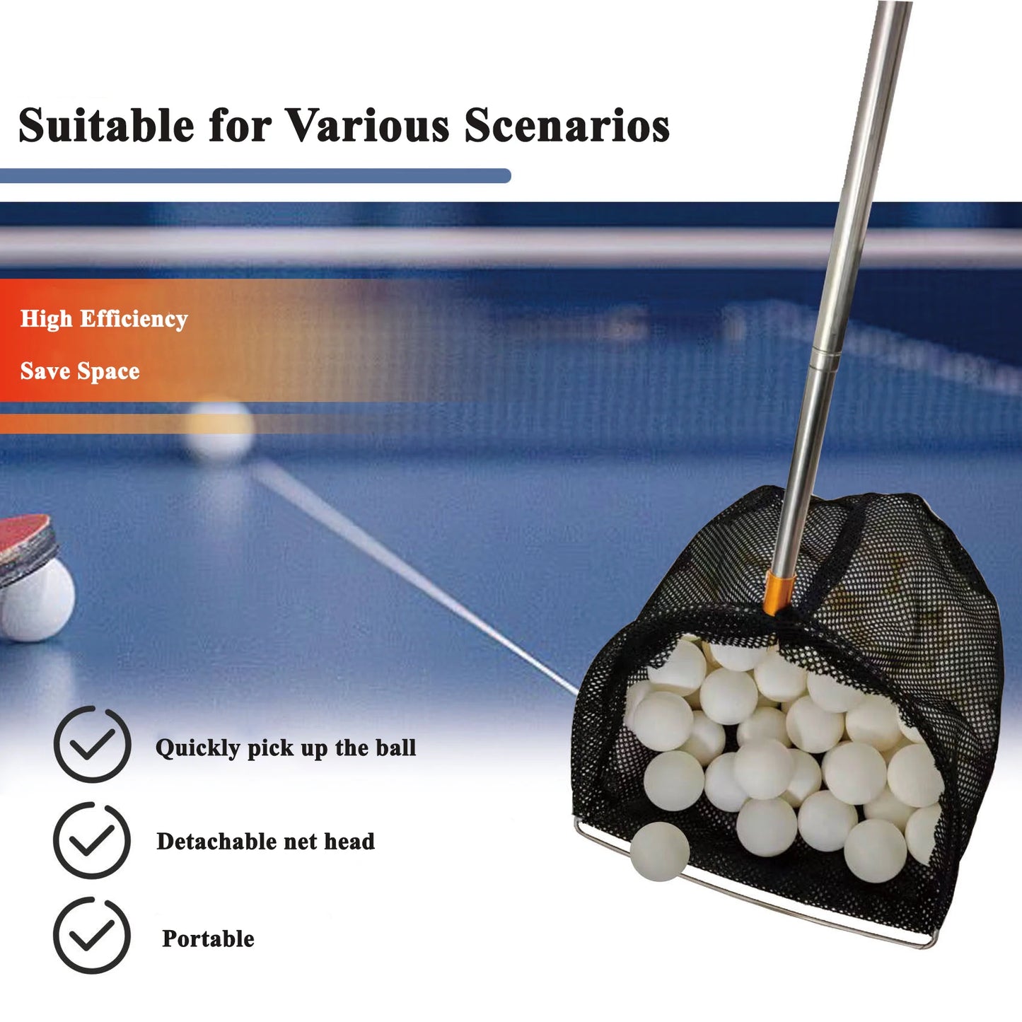 Professional Table Tennis Ball Picker with Net – Portable Stainless Steel Telescopic Ball Collecting Tool for Efficient Training and Easy Ball Pickup