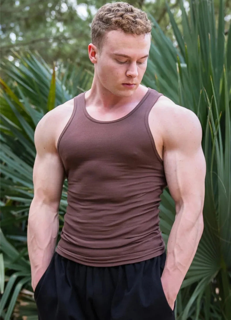 Men's 2026 Ice Silk Ribbed Vest - Slim Fit Sleeveless Fitness Sports Leisure Tank Top Solid Color Shirt