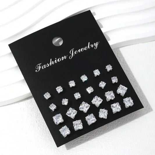 12 Pairs Square Zircon Earrings Set for Men & Women – Fashionable Simple Daily Wear Jewelry Collection, Elegant Gift Accessory Set