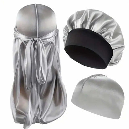 3PCS Durag & Satin Bonnet Set - Solid Color Night Cap and Lightweight Dome Hat Hair Accessories