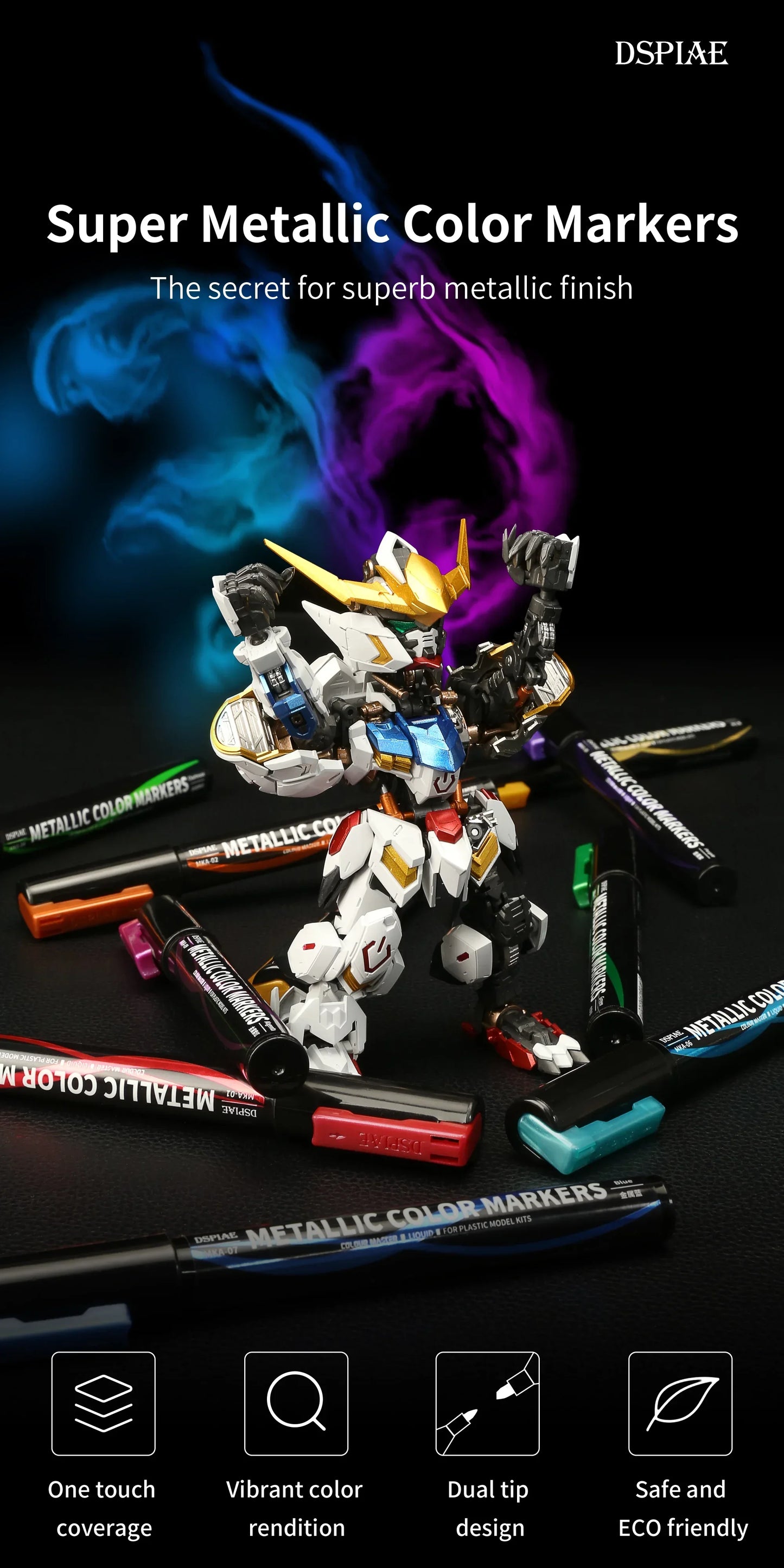 DSPIAE MKA Super Metallic Brush Pen – 12 Water-Based Colors with Soft Tip for Gundam & Mecha Model DIY Hobby