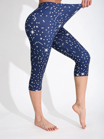 Women Starry Print High Elasticity Capri Leggings, Slim Fit Yoga Pants for Spring Summer Fitness & Active Wear