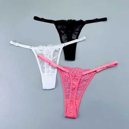 Women's Transparent Lace Thong Set - 3PCS Adjustable Low Waist Sexy T-Back Underwear