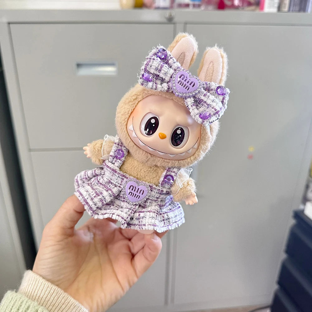 Labubu Sitting Party Series - Classic Grid Dress with Small Fragrance, v1 & v2 Doll Clothes, Kid Gift