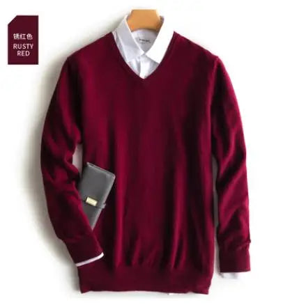 Men’s Classic V-Neck Pullover Sweater – 2024 Autumn Winter Cashmere-Cotton Blend Warm Jumper