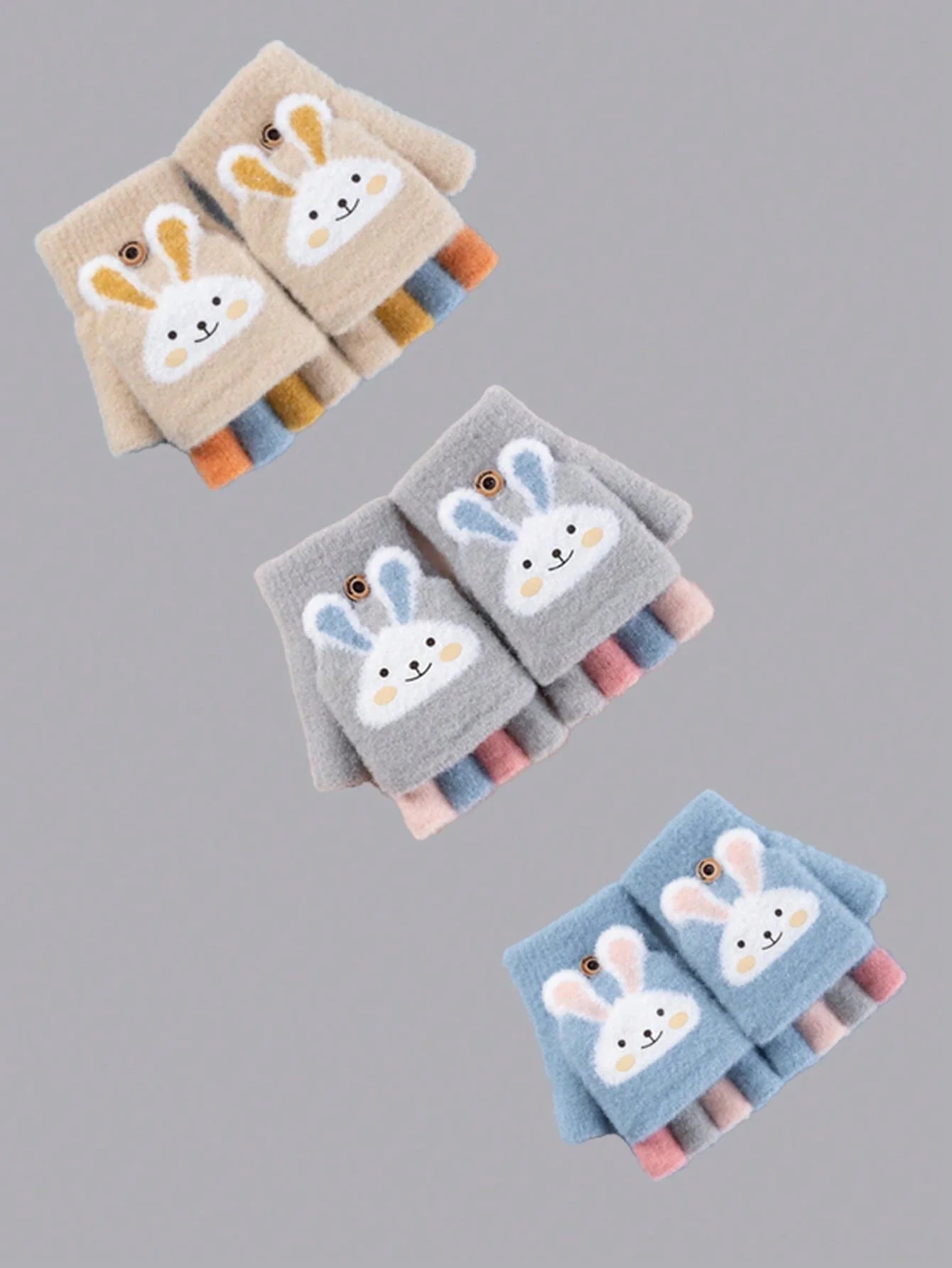 Half-Finger Gloves with Flip-Top Cover - Girls’ Winter Rabbit Fleece Gloves for Writing, Warm Cotton Handwear