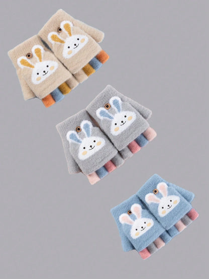 Half-Finger Gloves with Flip-Top Cover - Girls’ Winter Rabbit Fleece Gloves for Writing, Warm Cotton Handwear