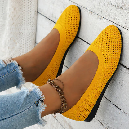 Women’s Round Toe Flat Shoes – Solid Color Knitted Slip-On Ballet Flats, Casual & Breathable Loafers