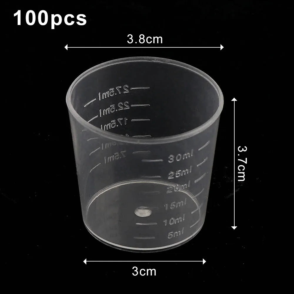 20/100PCS Transparent Plastic Measuring Cups – Disposable Liquid Containers for Epoxy Resin, Silicone Mold, DIY Jewelry Making