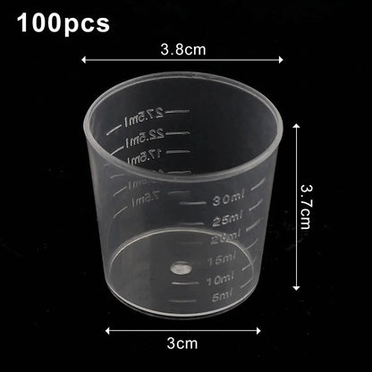 20/100PCS Transparent Plastic Measuring Cups – Disposable Liquid Containers for Epoxy Resin, Silicone Mold, DIY Jewelry Making