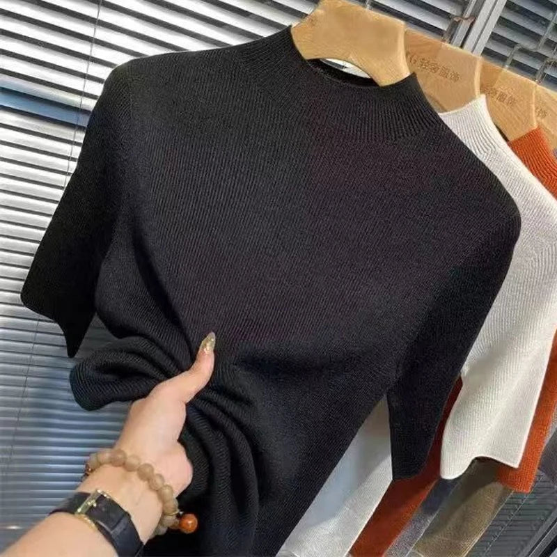 Women's Solid Color Knit Sweater – Stand Collar, Half Sleeve, Slim Fit, Soft High-Elastic Top for Autumn & Spring