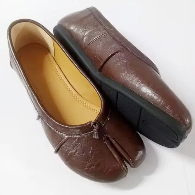 Women’s Luxury PU Leather Tabi Flats – Handmade Split-Toe Mule Shoes, Fashion High-Quality Designer Slip-On Footwear