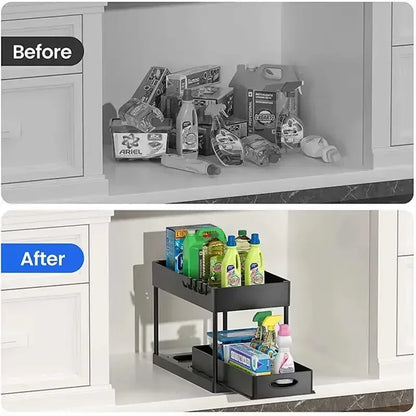 2-Tier Under Sink Sliding Organizer — Cabinet Basket Storage Rack with Hooks for Bathroom & Kitchen Cups