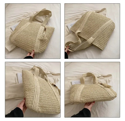 Elegant Straw Woven Handbag – Women’s Retro Beach & Casual Tote Top-Handle Shoulder Bag 2024