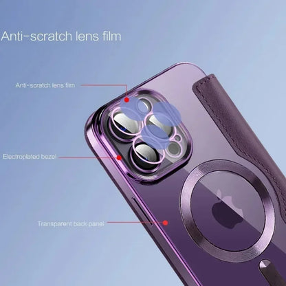 Electroplated Flip Leather Case for iPhone 16, 15, 14, 13, 12 & 11 Plus Pro Max – Luxury MagSafe Wireless Charging Protective Cover